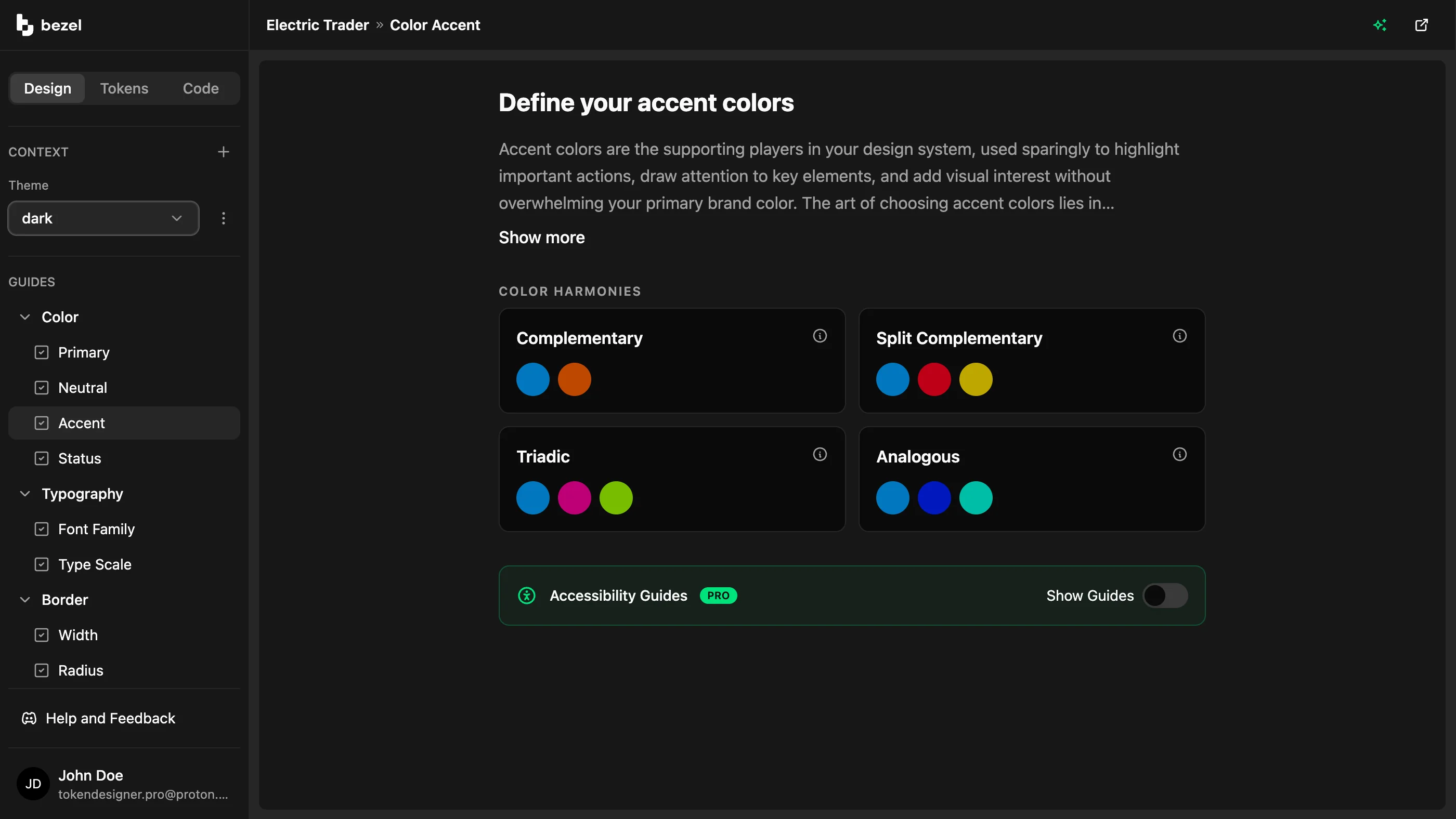 Bezel accent color guide at full width showing complementary, split complementary, triadic, and analogous harmonies with the Accessibility Guides toggle