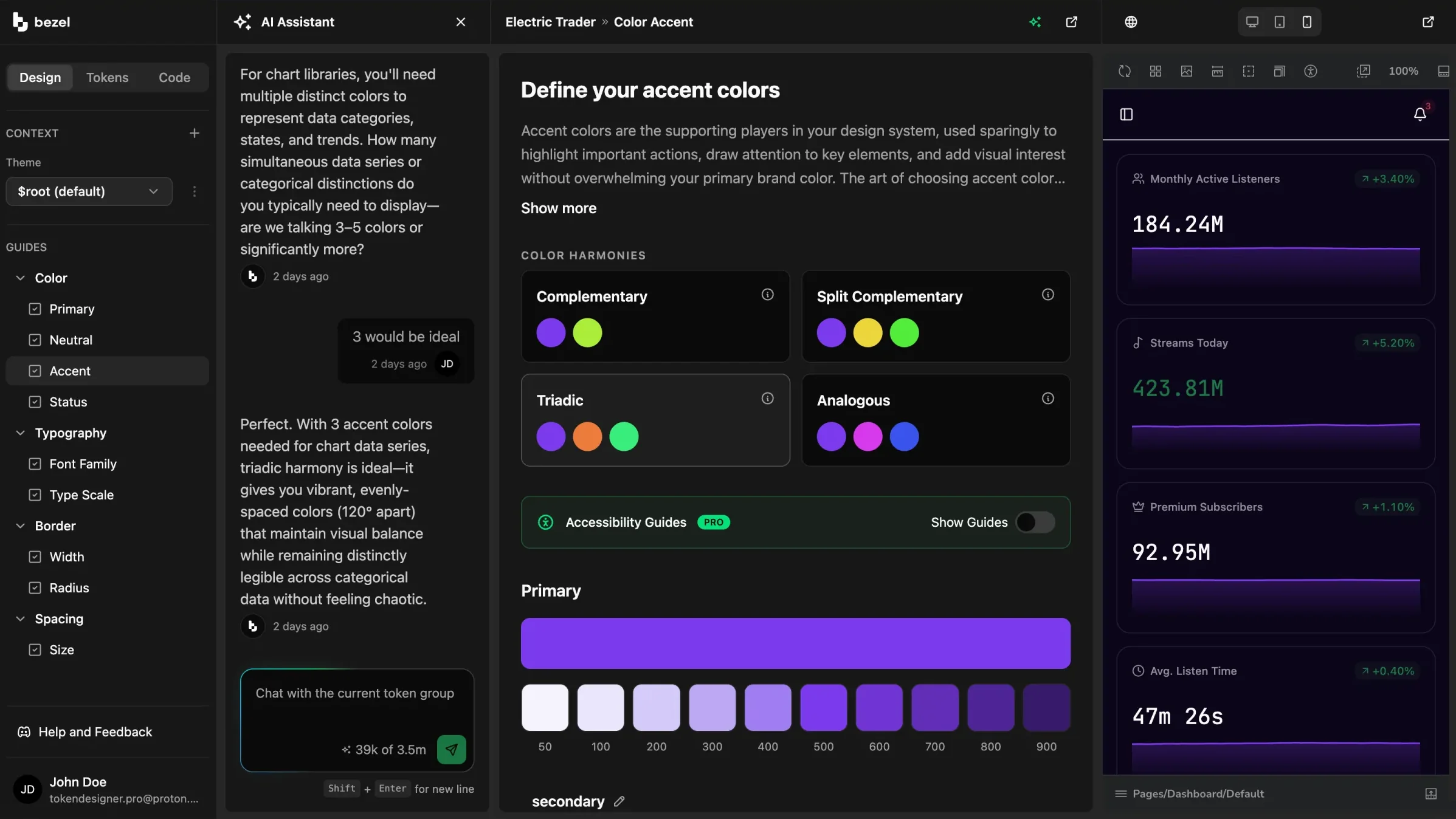 Bezel Design Guide for accent colors showing color harmony options and the primary color scale beside the AI Assistant and live preview