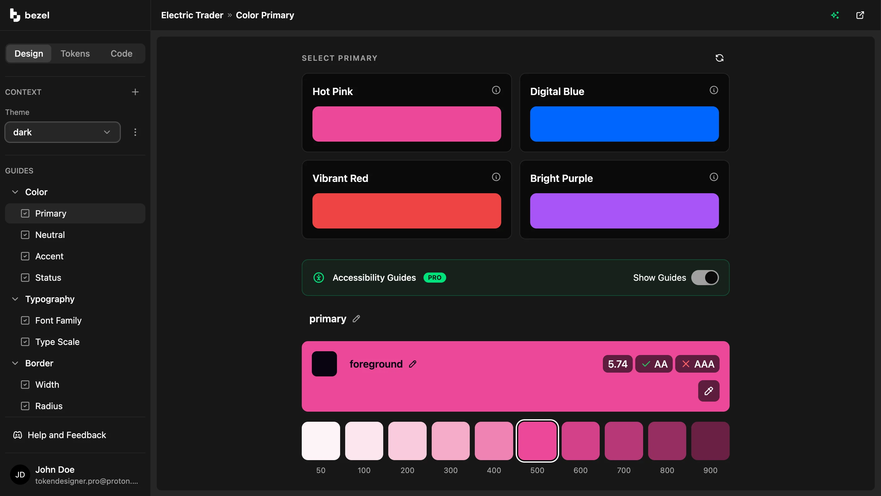 Bezel primary color guide with Accessibility Guides on, showing a 5.74 contrast ratio that passes WCAG AA and fails AAA above the color scale