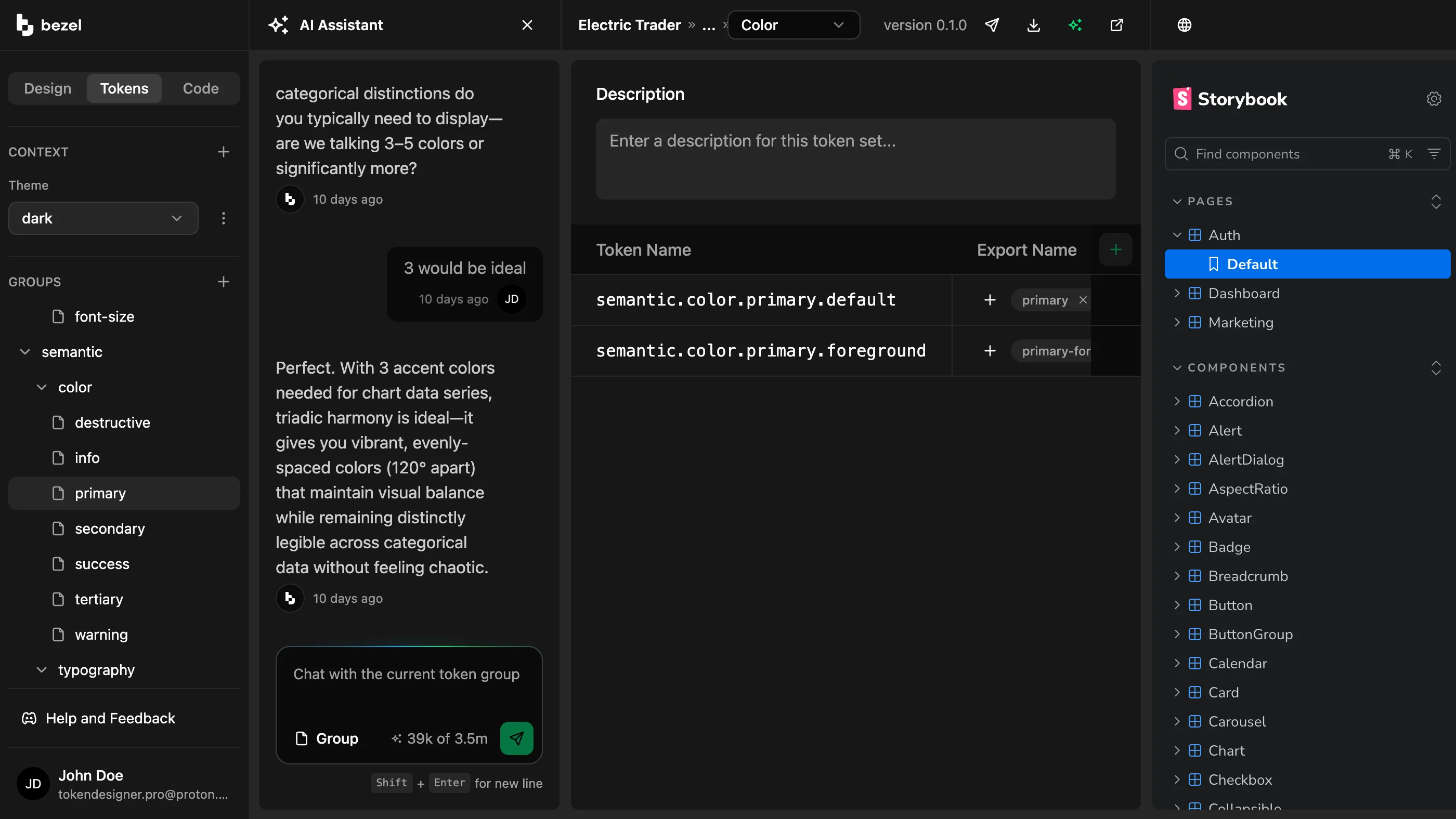 Bezel workspace with an AI Assistant conversation about accent color harmony open beside the semantic primary token table and the Storybook sign-up preview