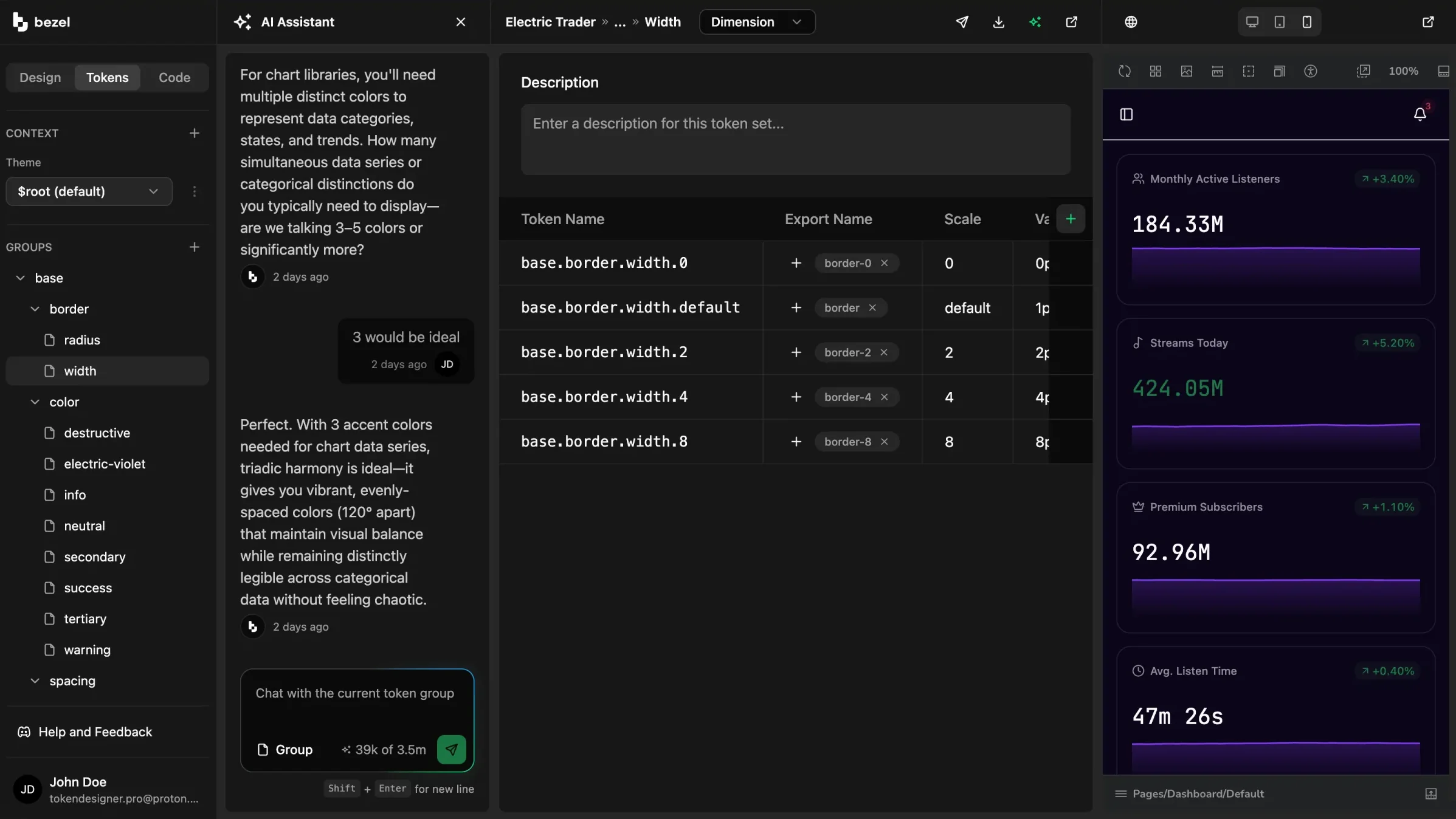 Bezel workspace with the AI Assistant conversation open beside the token table and the live Radium dashboard preview
