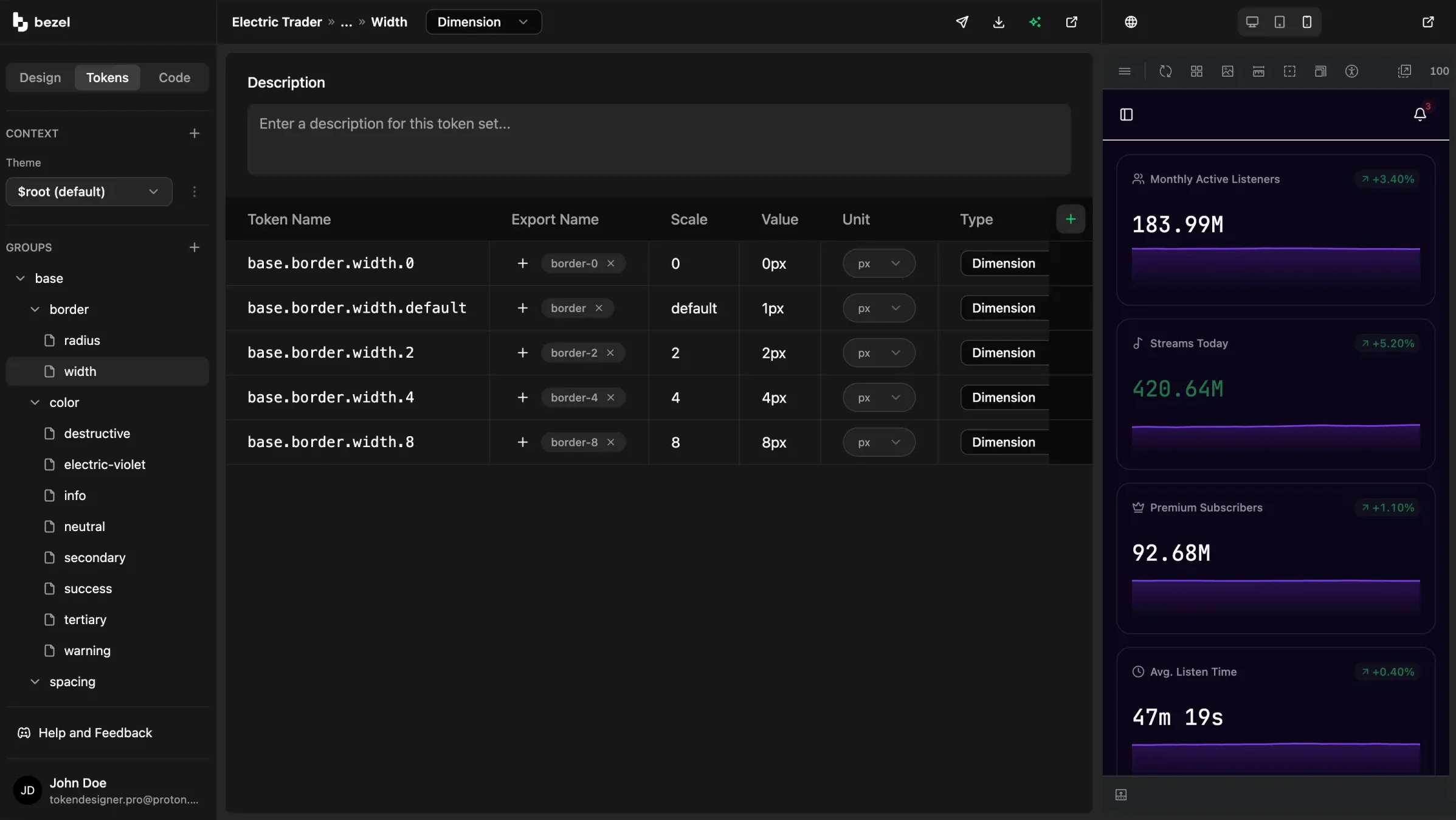 Bezel workspace with the Design, Tokens, and Code tabs, the group sidebar, the border width token table, and the live Radium preview