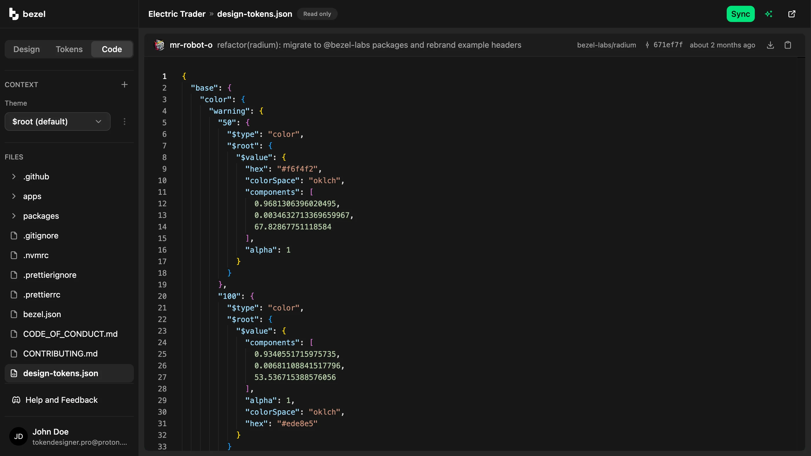 Bezel Code tab showing design-tokens.json from a synced GitHub repository with the latest commit, Sync button, and download and copy actions