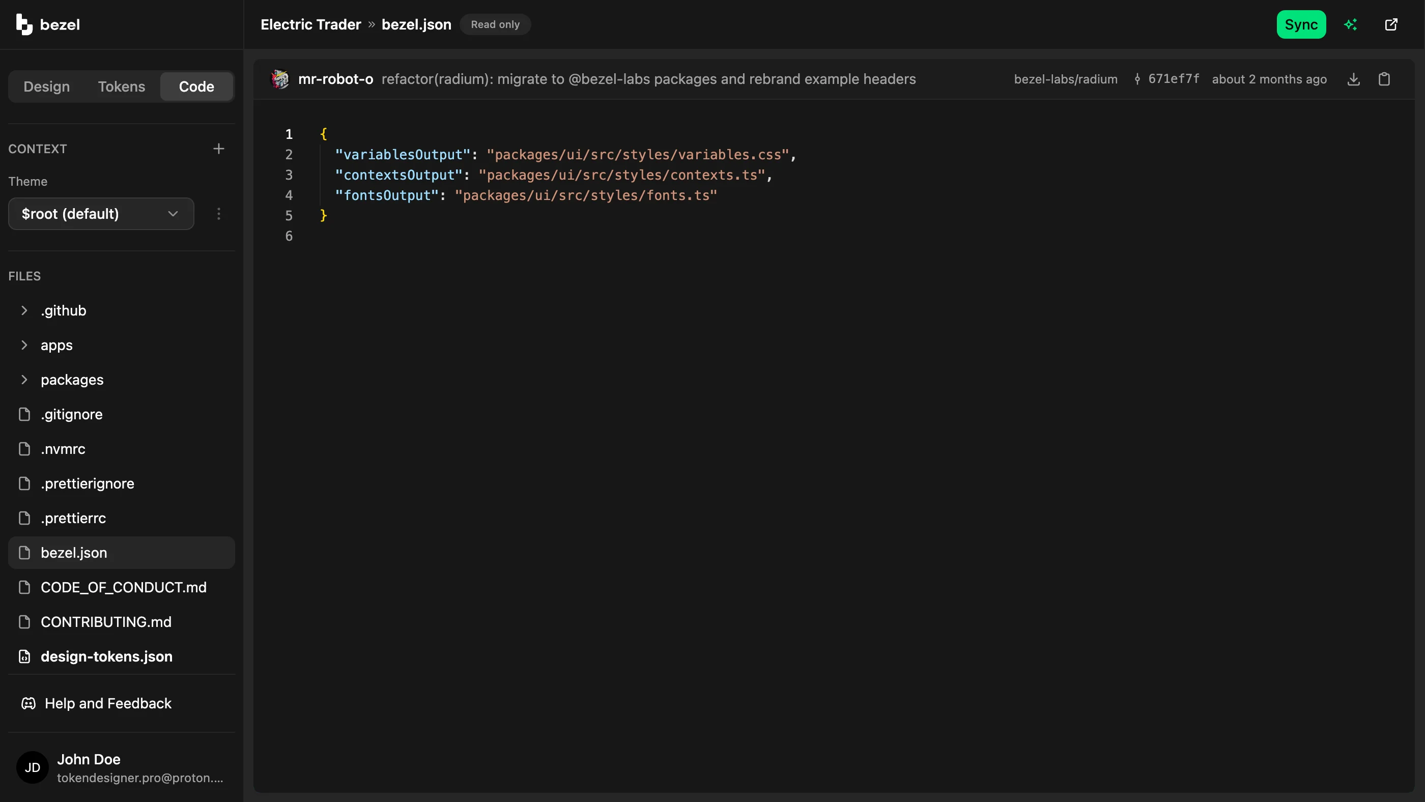 Bezel Code tab showing the bezel.json config from the synced repository with variables, contexts, and fonts output paths for Bezel Kit