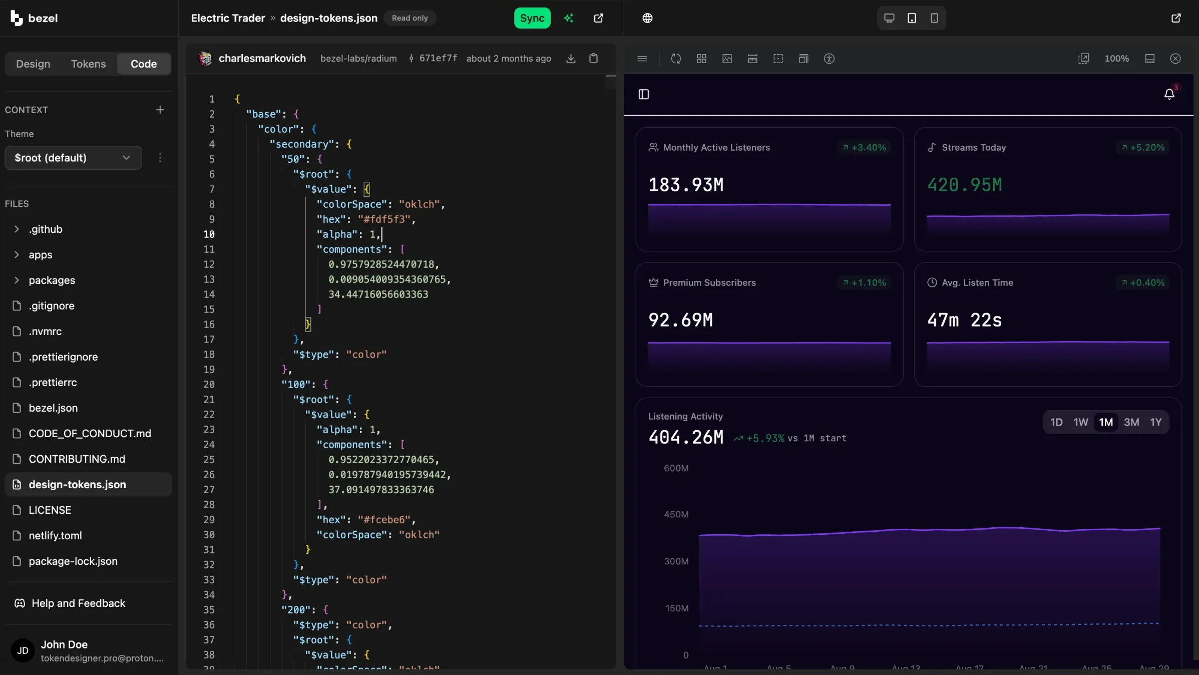 Bezel Code tab showing the generated design-tokens.json synced from a GitHub repository beside the live Radium preview