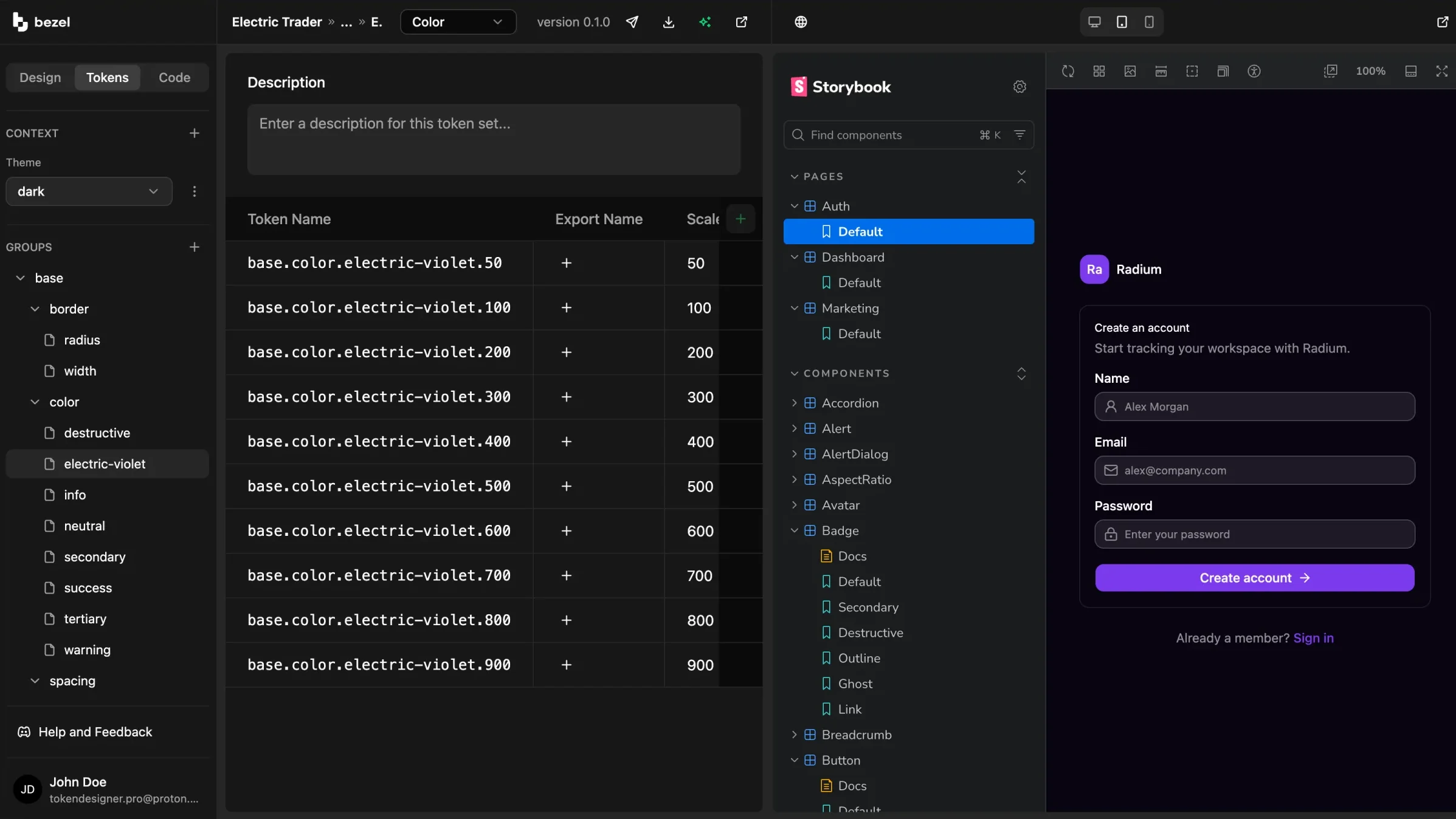 Bezel token editor in the dark theme context showing electric-violet color tokens beside the Storybook explorer and a live sign-up form preview