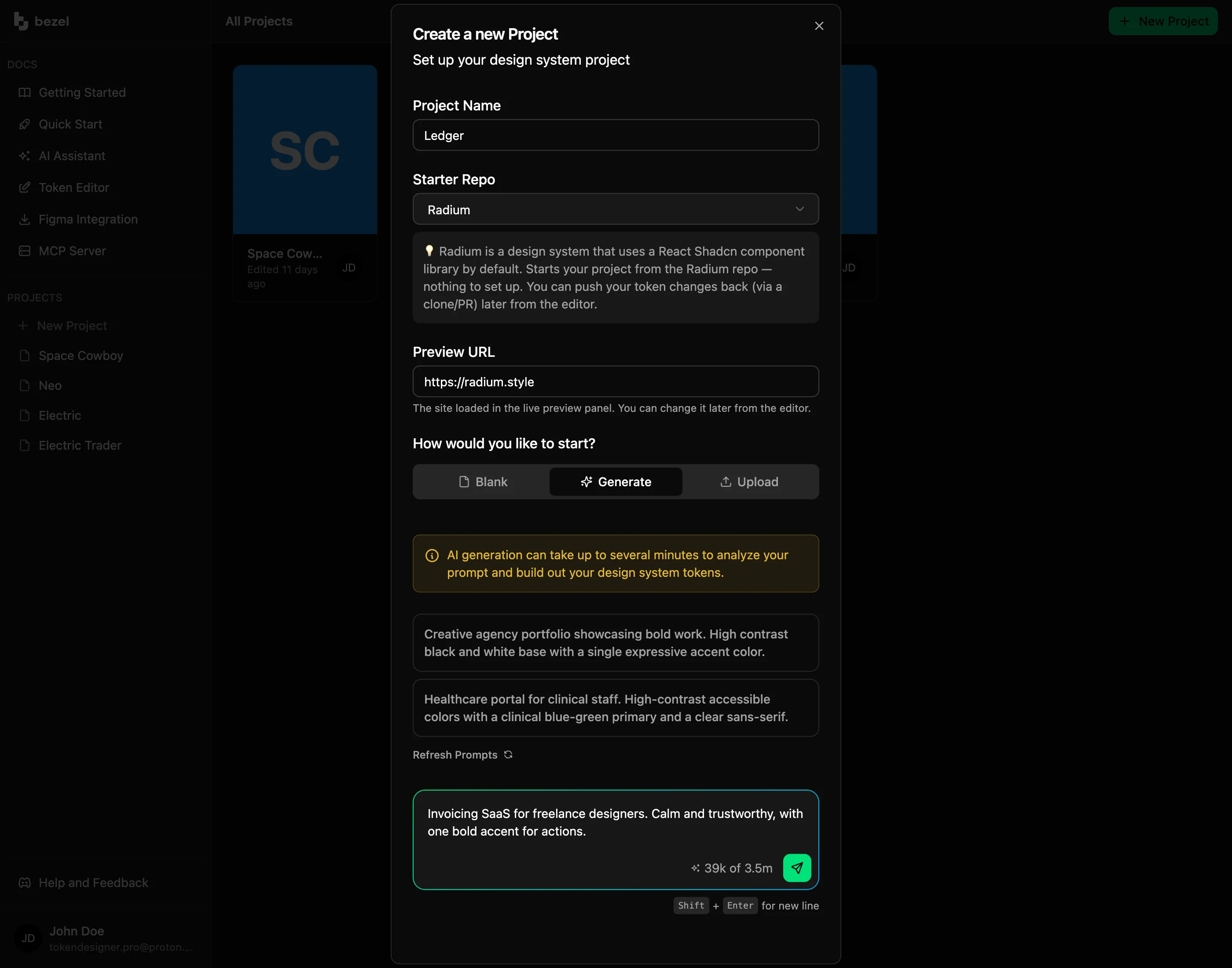 Bezel create project dialog on the Generate tab with a founder brief for an invoicing SaaS typed into the design direction prompt