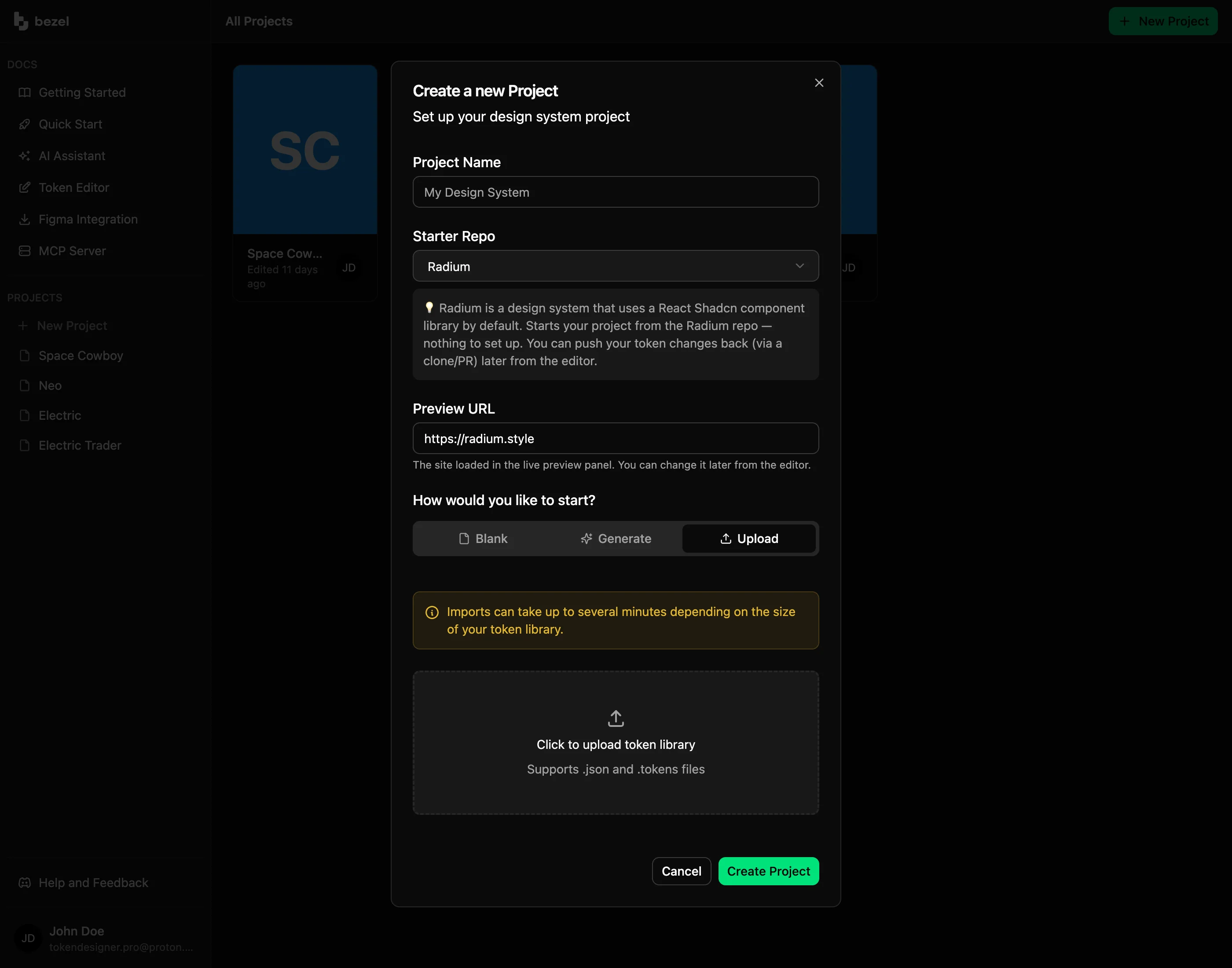Bezel create project dialog on the Upload tab with a dropzone for an existing .json or .tokens design token library