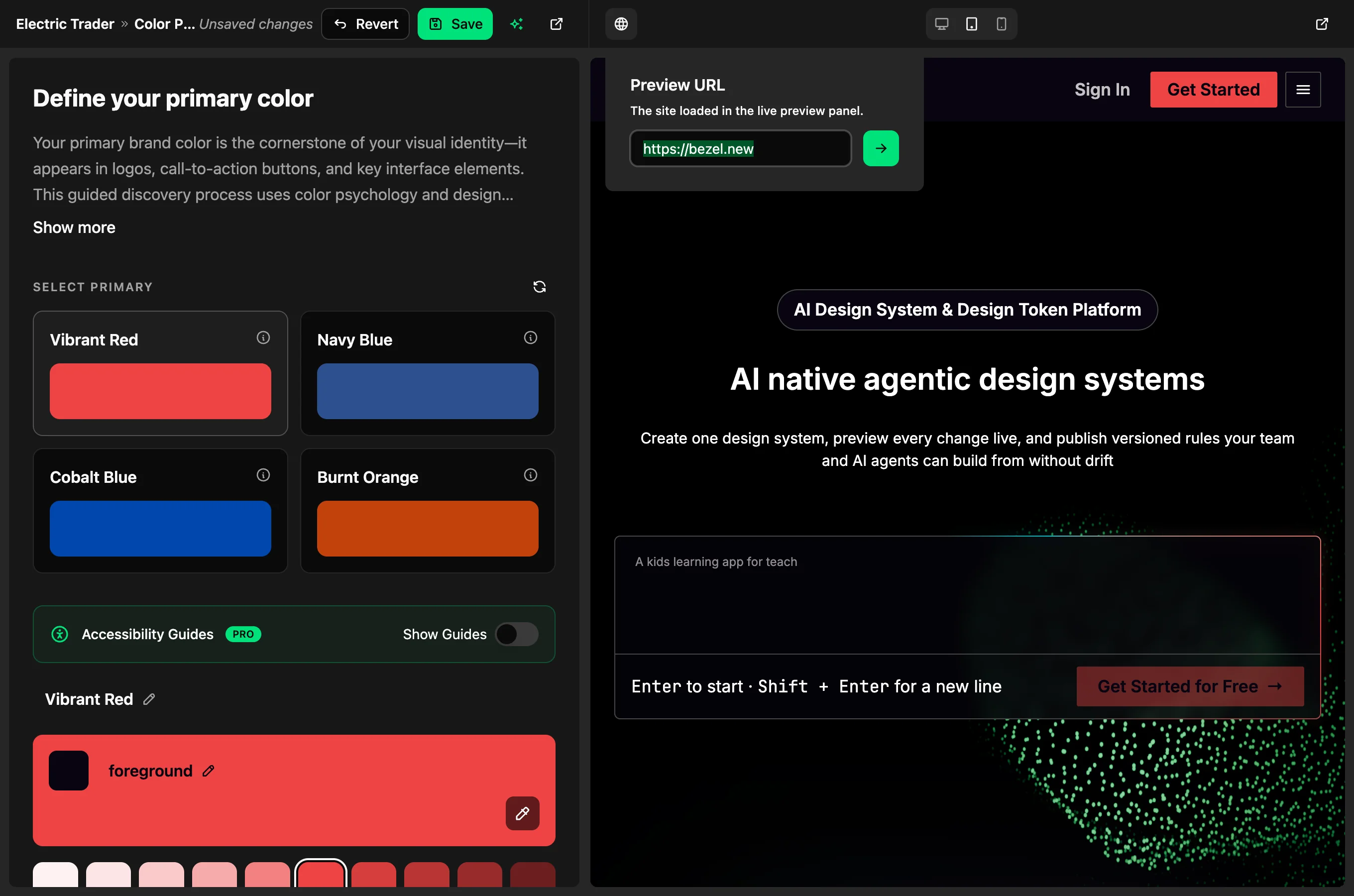 Bezel primary color guide with Vibrant Red selected and the Preview URL popover pointing the live preview at bezel.new, whose buttons recolor red at tablet width