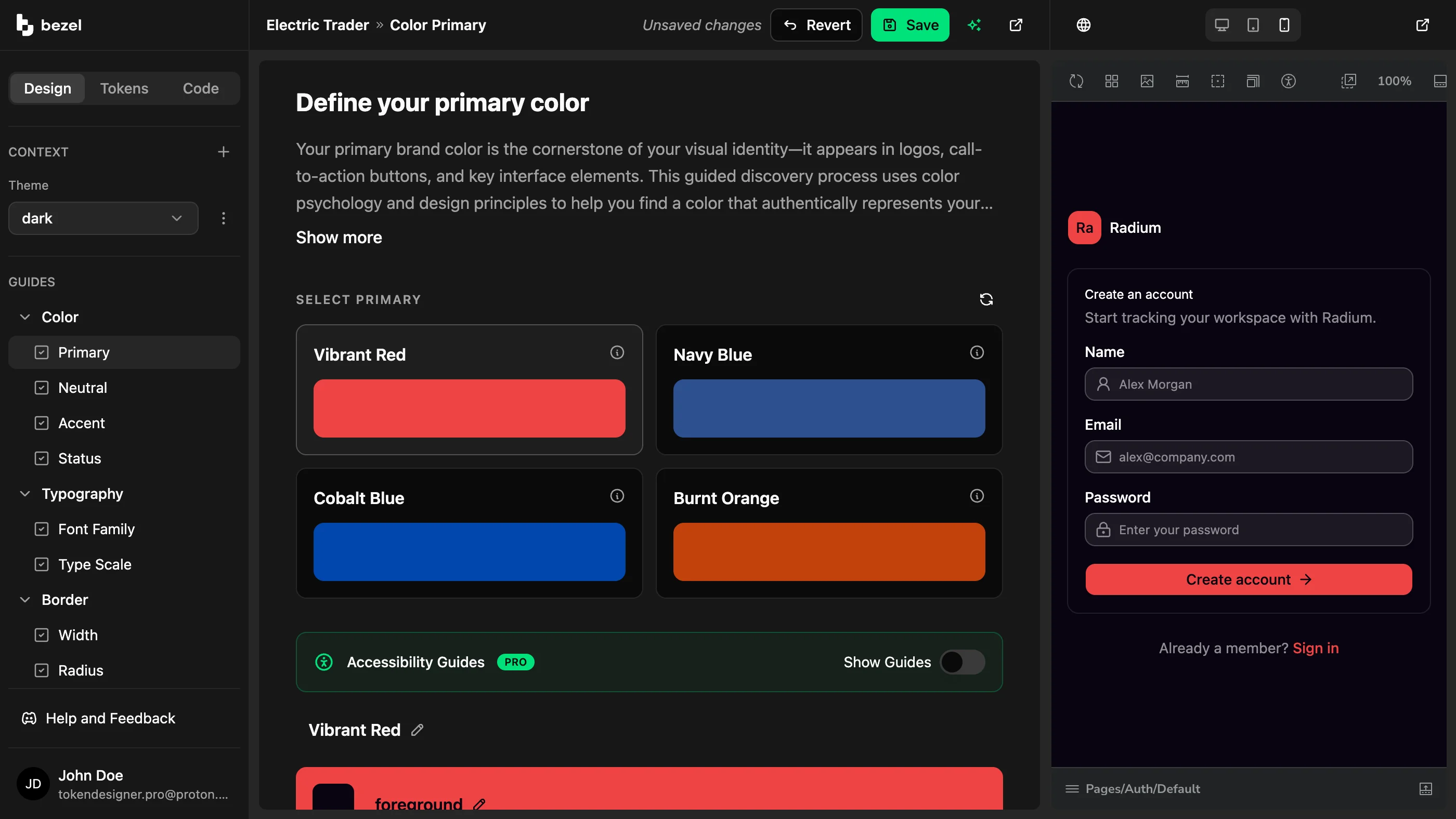 Bezel primary color guide with Vibrant Red selected and unsaved, recoloring the Radium sign-up form live in the mobile-width preview