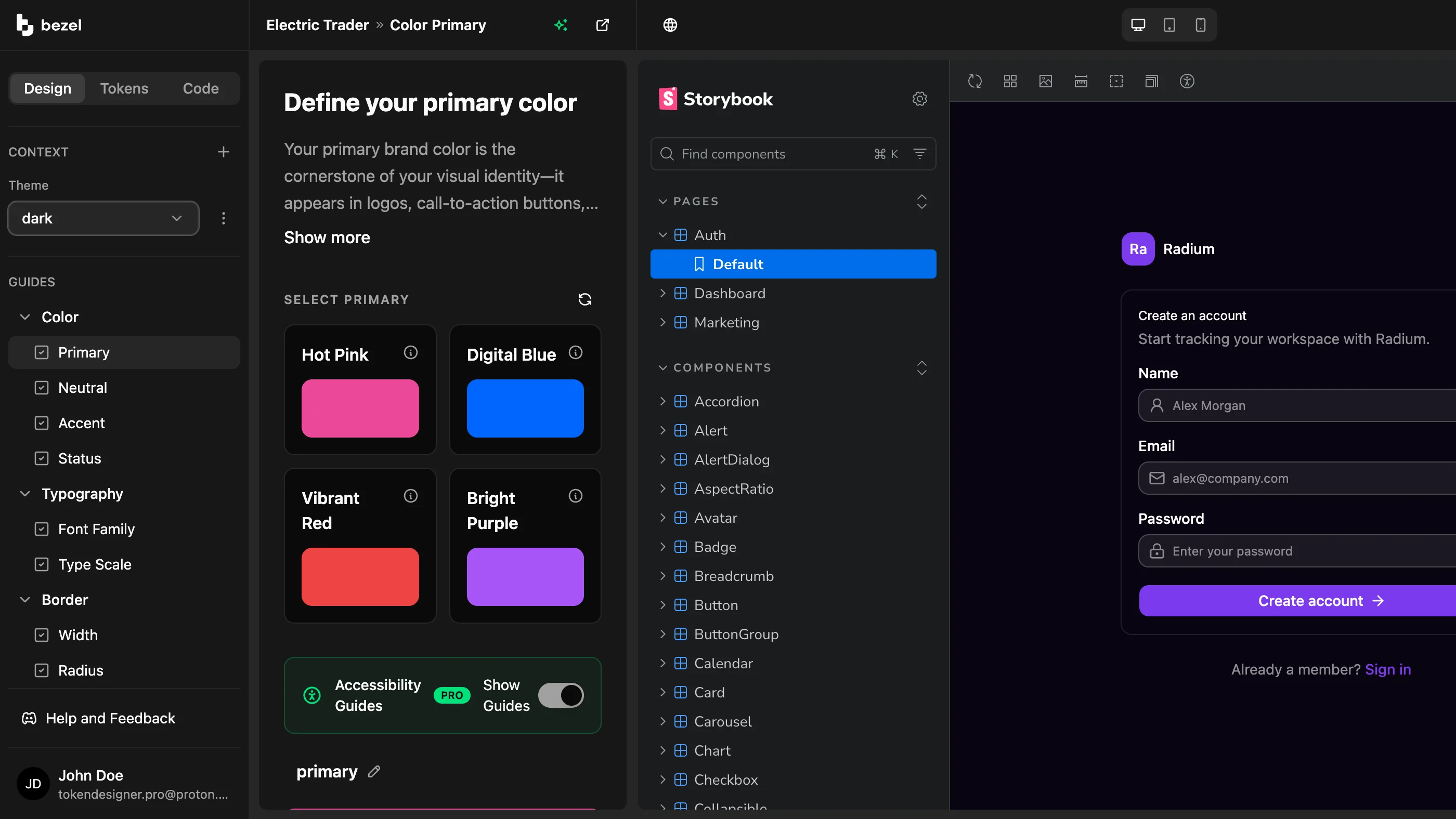 Bezel primary color guide with suggested primary directions beside the live Radium preview