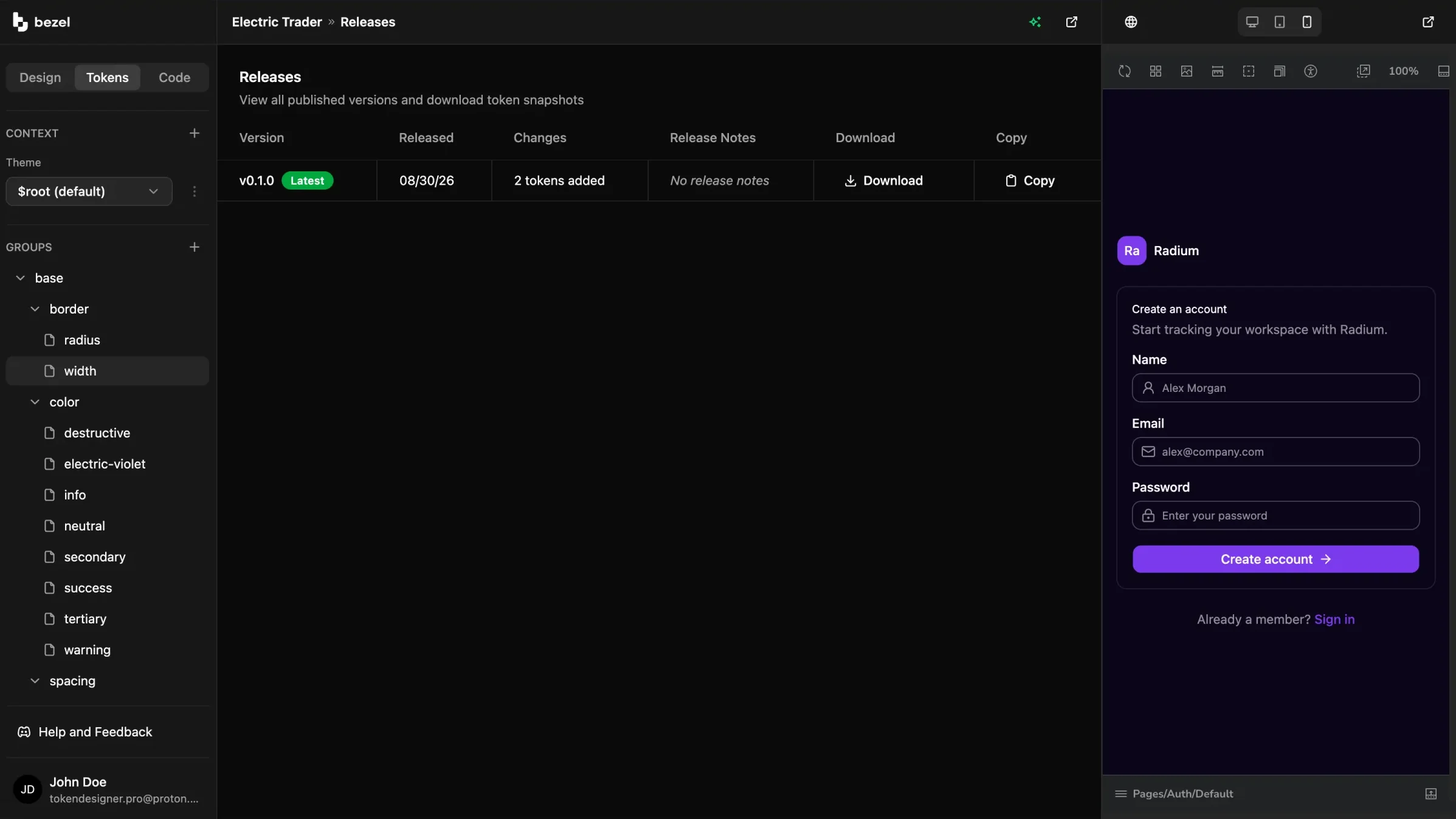 Bezel Releases page listing a published v0.1.0 version with download and copy actions beside the live preview