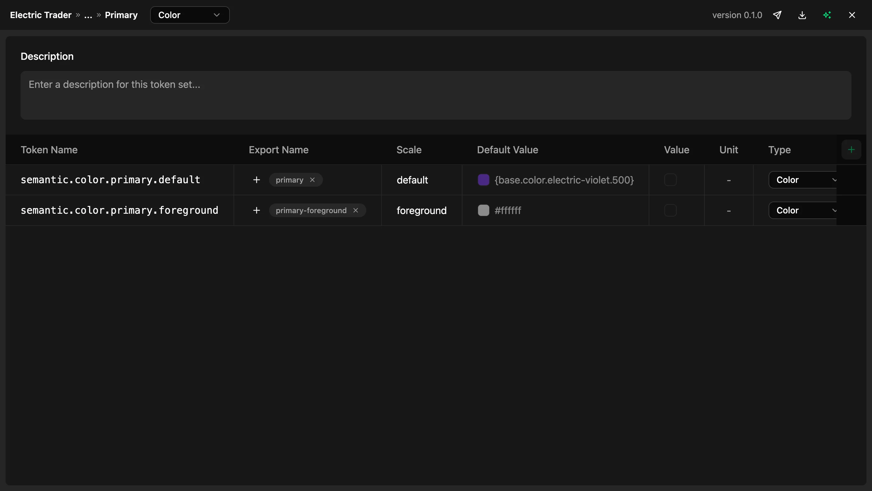 Bezel token table showing semantic.color.primary.default resolving to the base.color.electric-violet.500 alias with its resolved swatch