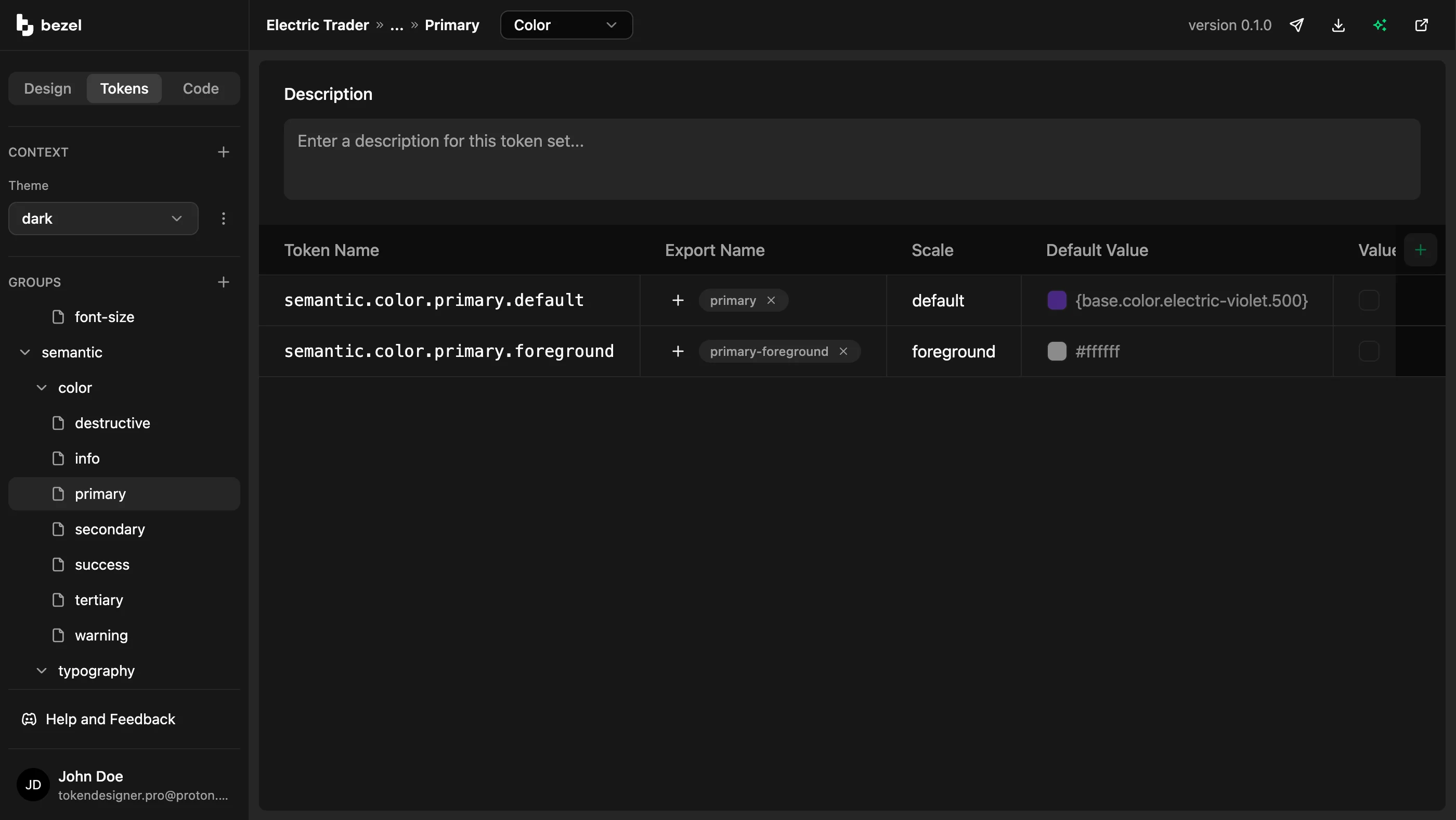 Bezel token editor with the preview hidden, showing semantic.color.primary tokens with their export names, scale, and base color aliases