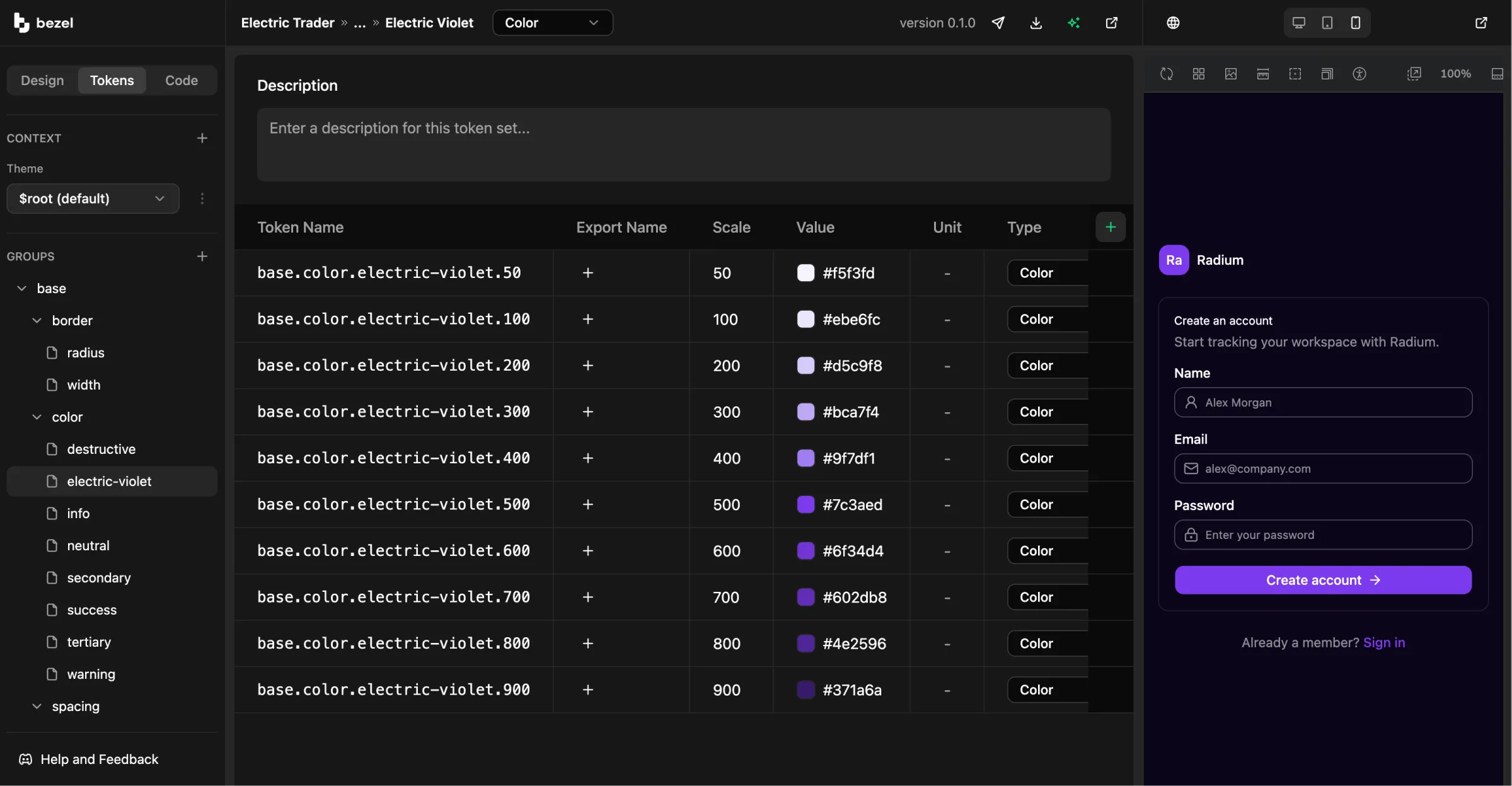 Bezel token editor showing base color tokens mapped to semantic aliases