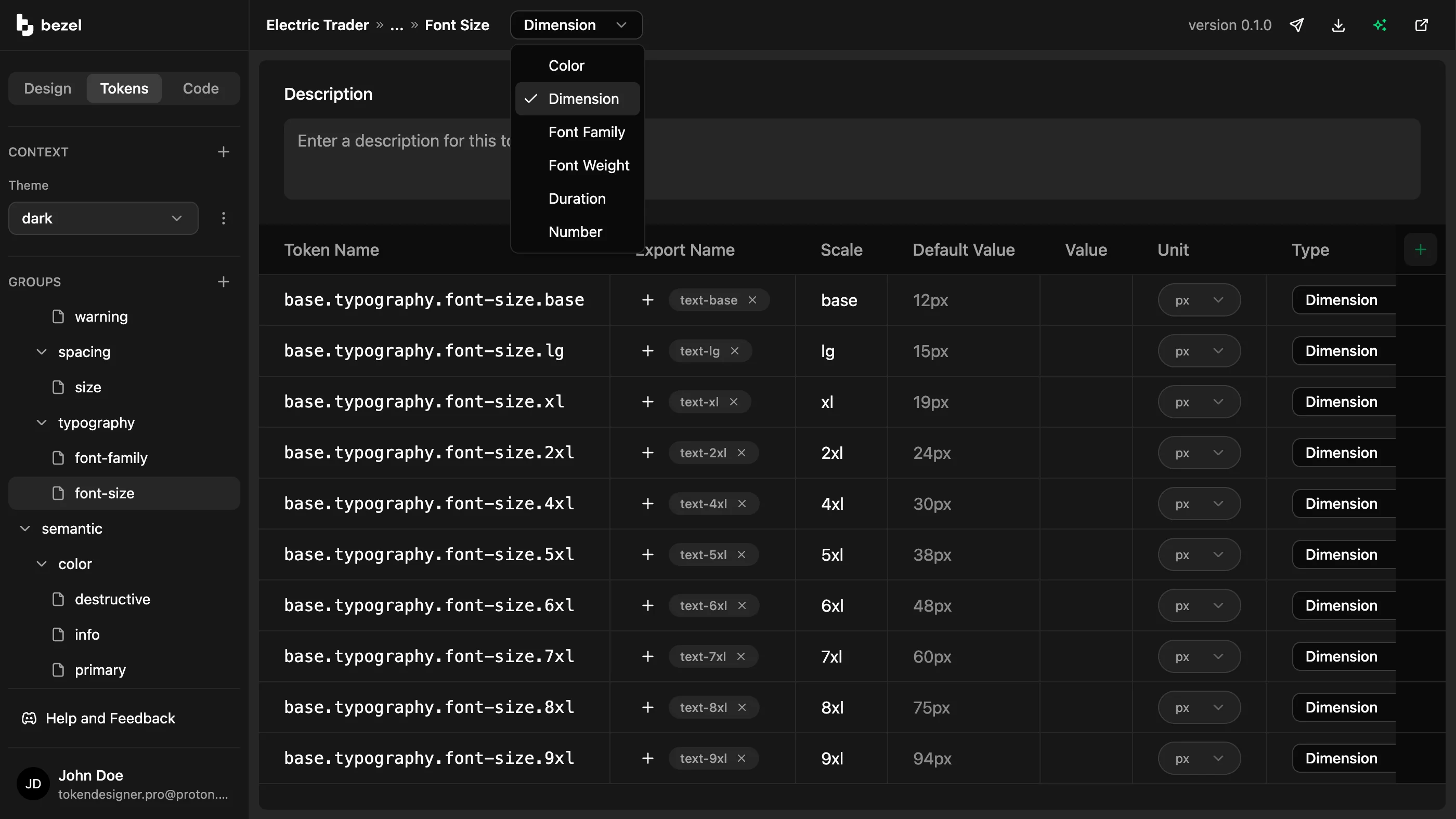 Bezel token editor with the group type menu open listing Color, Dimension, Font Family, Font Weight, Duration, and Number above the font-size token table