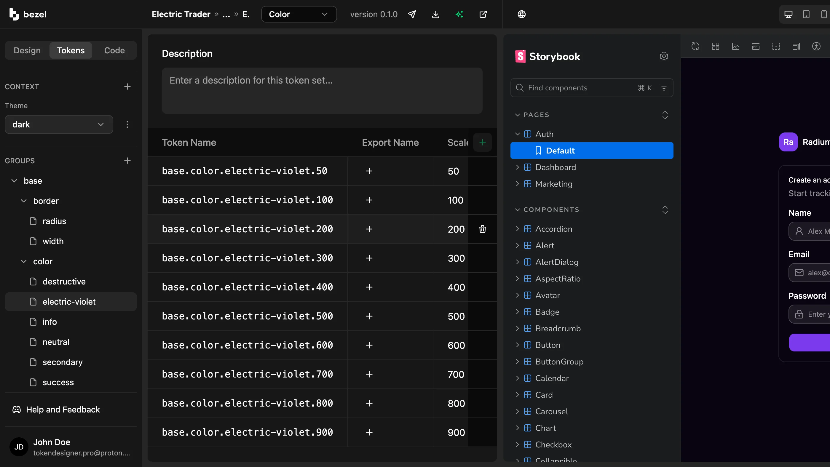 Bezel workspace with the Design, Tokens, and Code tabs, the group sidebar, the electric-violet color scale, and the live Radium preview